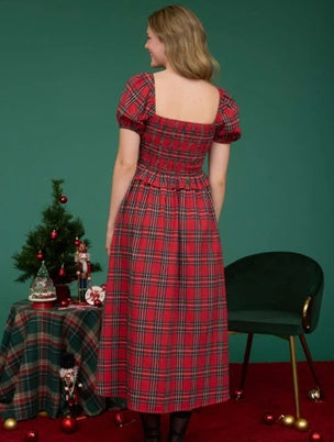 Lacy Plaid Puff Sleeve Midi Dress