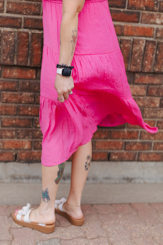 Ruffle Sleeve Smocked Midi Dress - Fuchsia