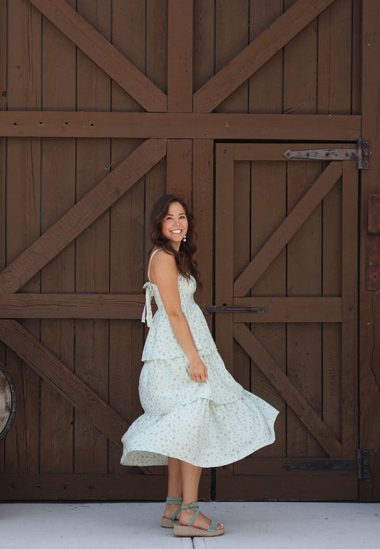 Emmy Floral Ruffle Midi Dress - Sage