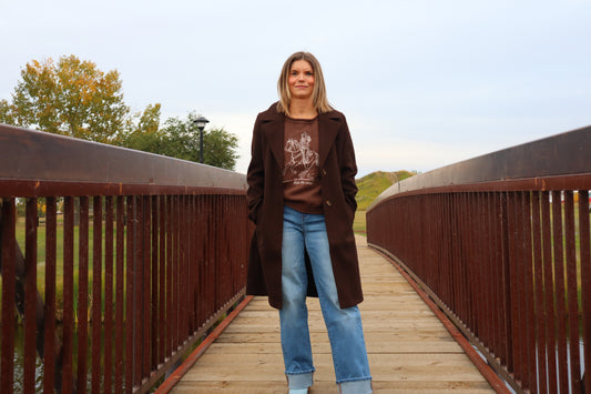 Long Sleeve A-Line Long Coat - Brown