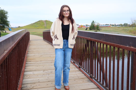 Shawl Collar Western Jacquard Cardigan - Beige