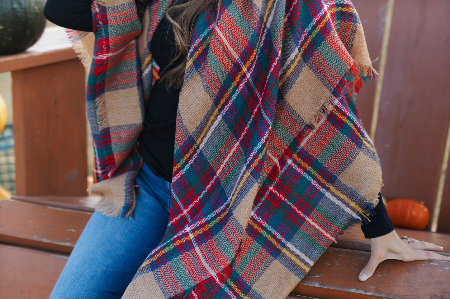 Frayed Flannel Blanket Scarf- Khaki