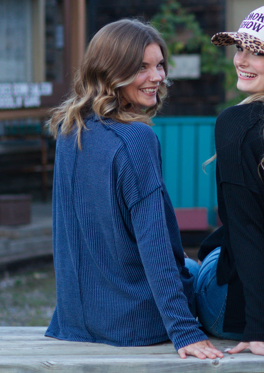 Shantel Ribbed Raw Edge Long Sleeve - Navy
