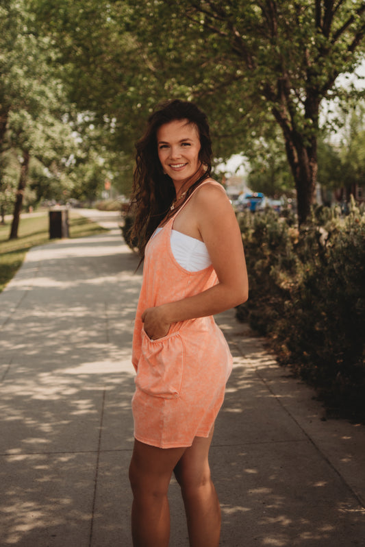 Amelia Mineral Wash Pocket Romper - Orange