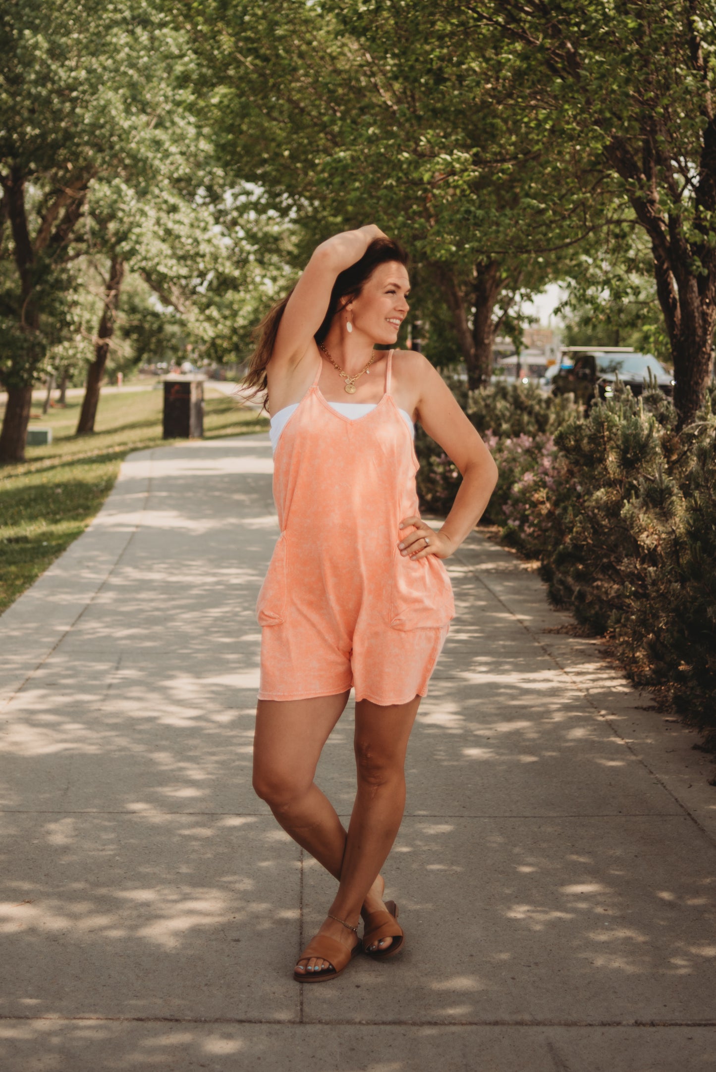 Amelia Mineral Wash Pocket Romper - Orange