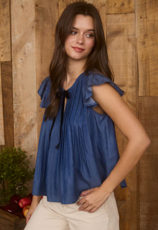 Carla Chambray Pleated Top
