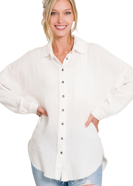 Albany Washed Button Up- White