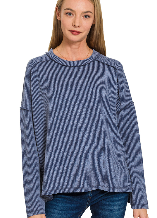 + Shantel Ribbed Raw Edge Long Sleeve - Navy