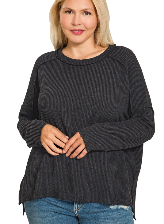 + Shantel Ribbed Raw Edge Long Sleeve - Black