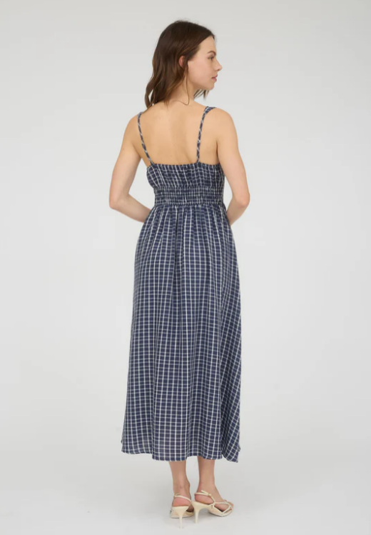 Victoria Plaid Midi Dress- Navy