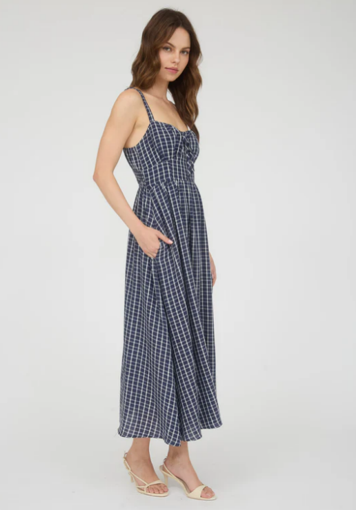 Victoria Plaid Midi Dress- Navy