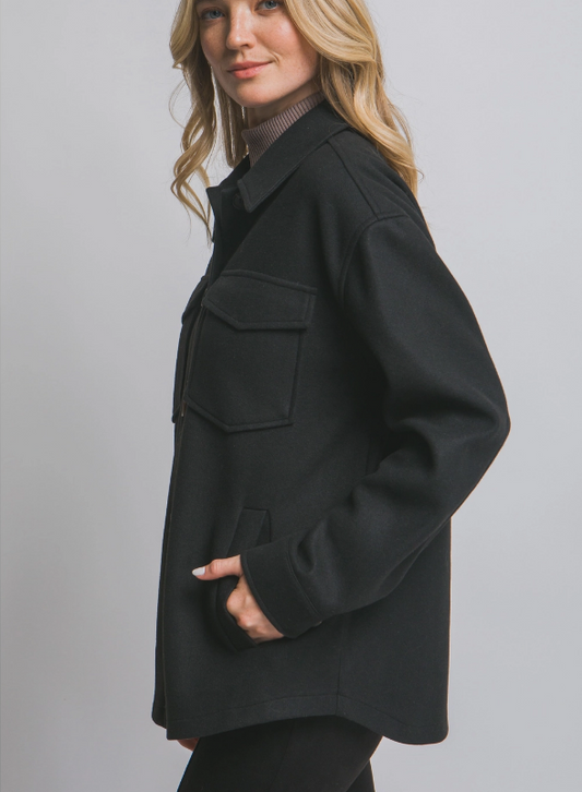 Mira Fleece Button Down Shacket-Black