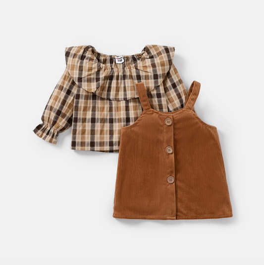 Girls Plaid Ruffle Top and Overall Dress Set