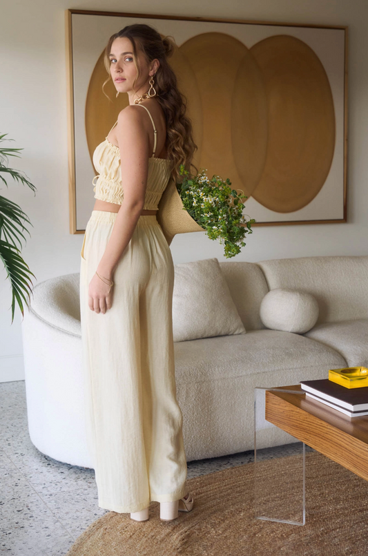 Kylie Cropped Cami Top and Wide Leg Pant Set - Yellow