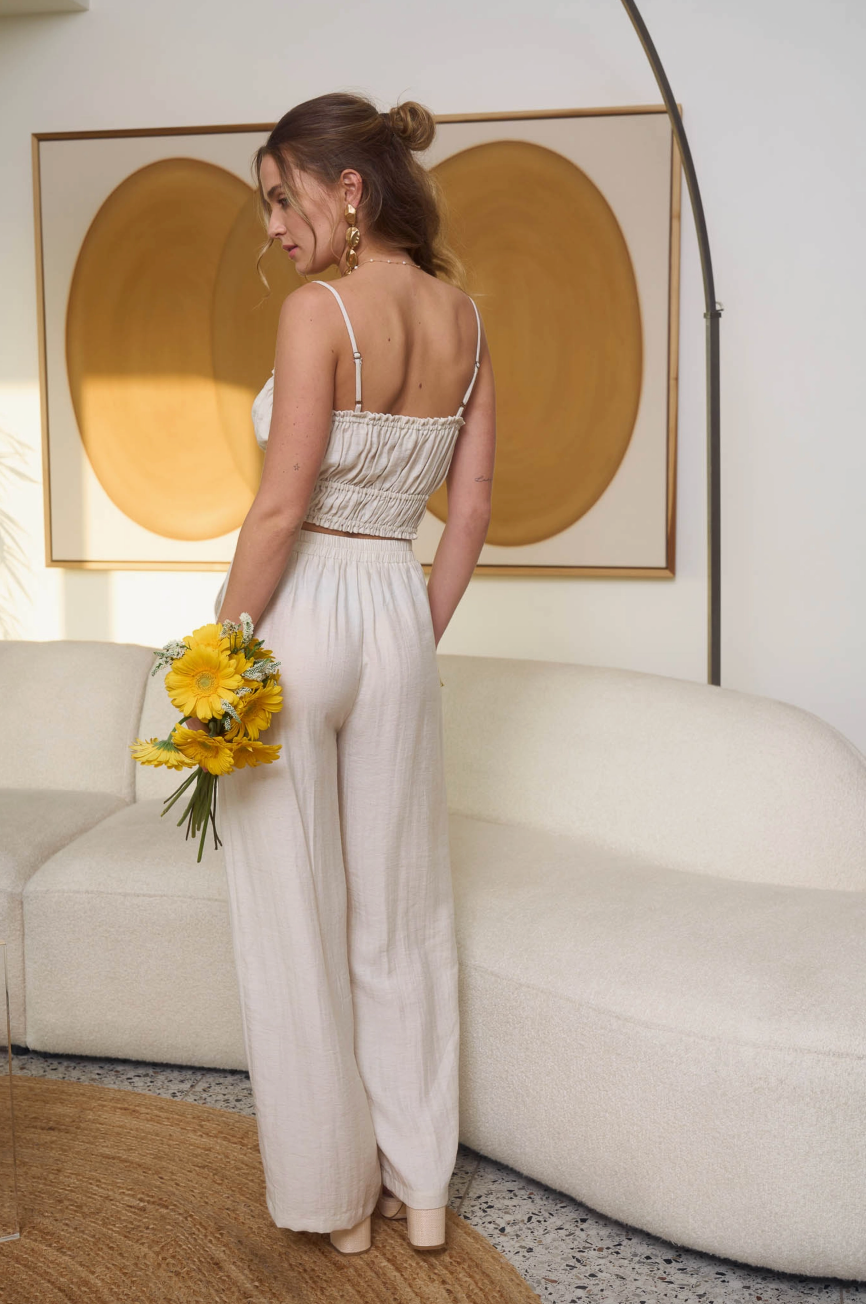 Kylie Cropped Cami Top and Wide Leg Pant Set - Natural