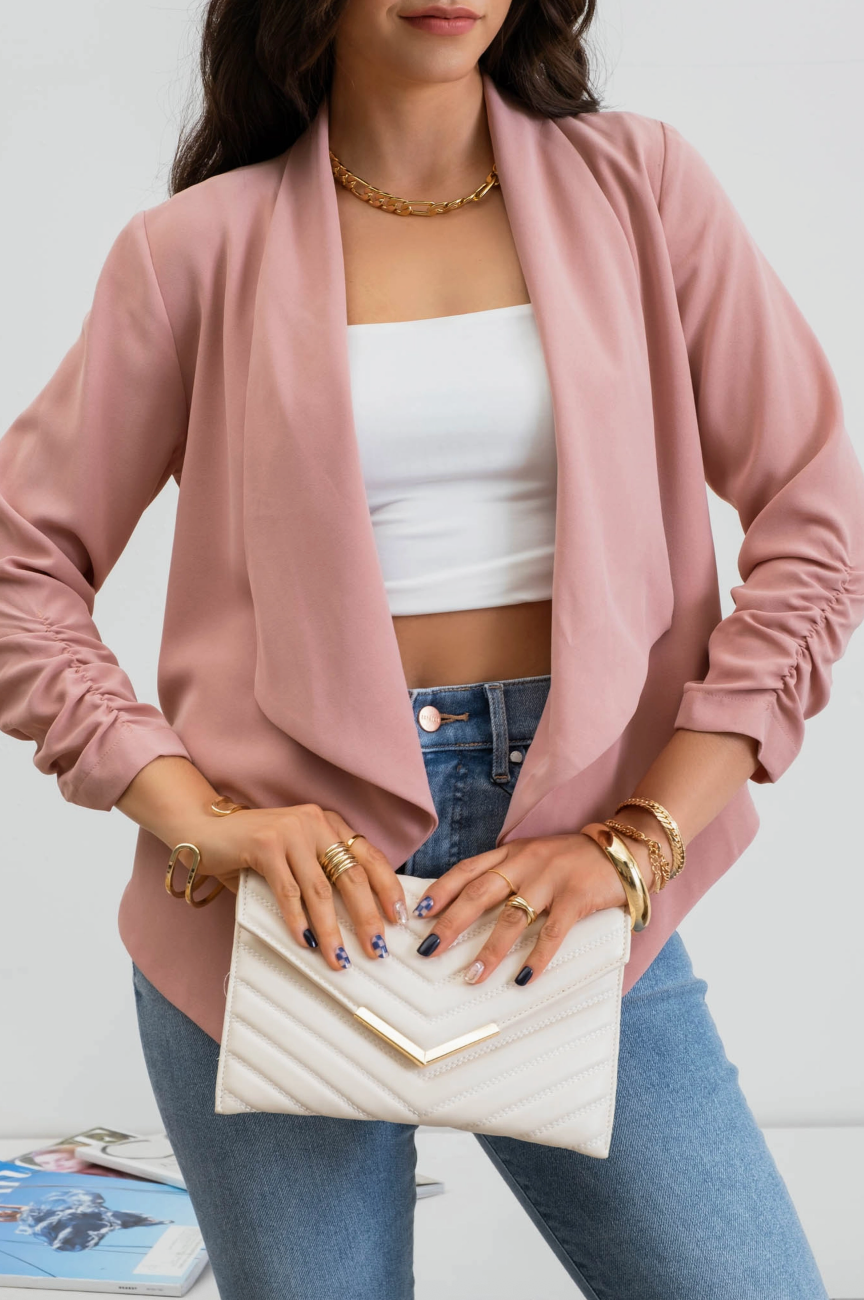 Avalon 3/4 Rouched Sleeve Blazer - Dusty Pink