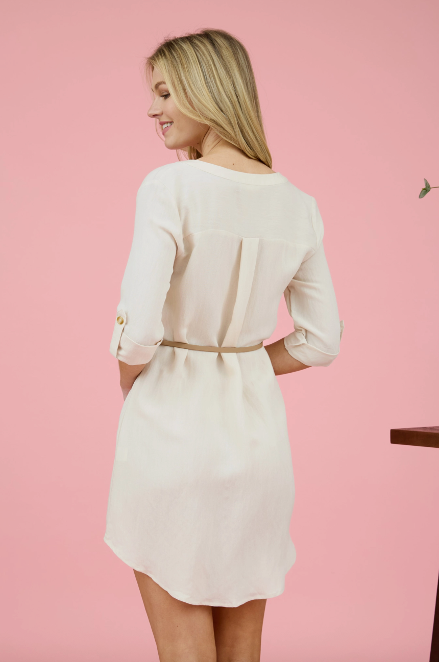 Antonia 3/4 Sleeve Belted Mini Dress - Cream