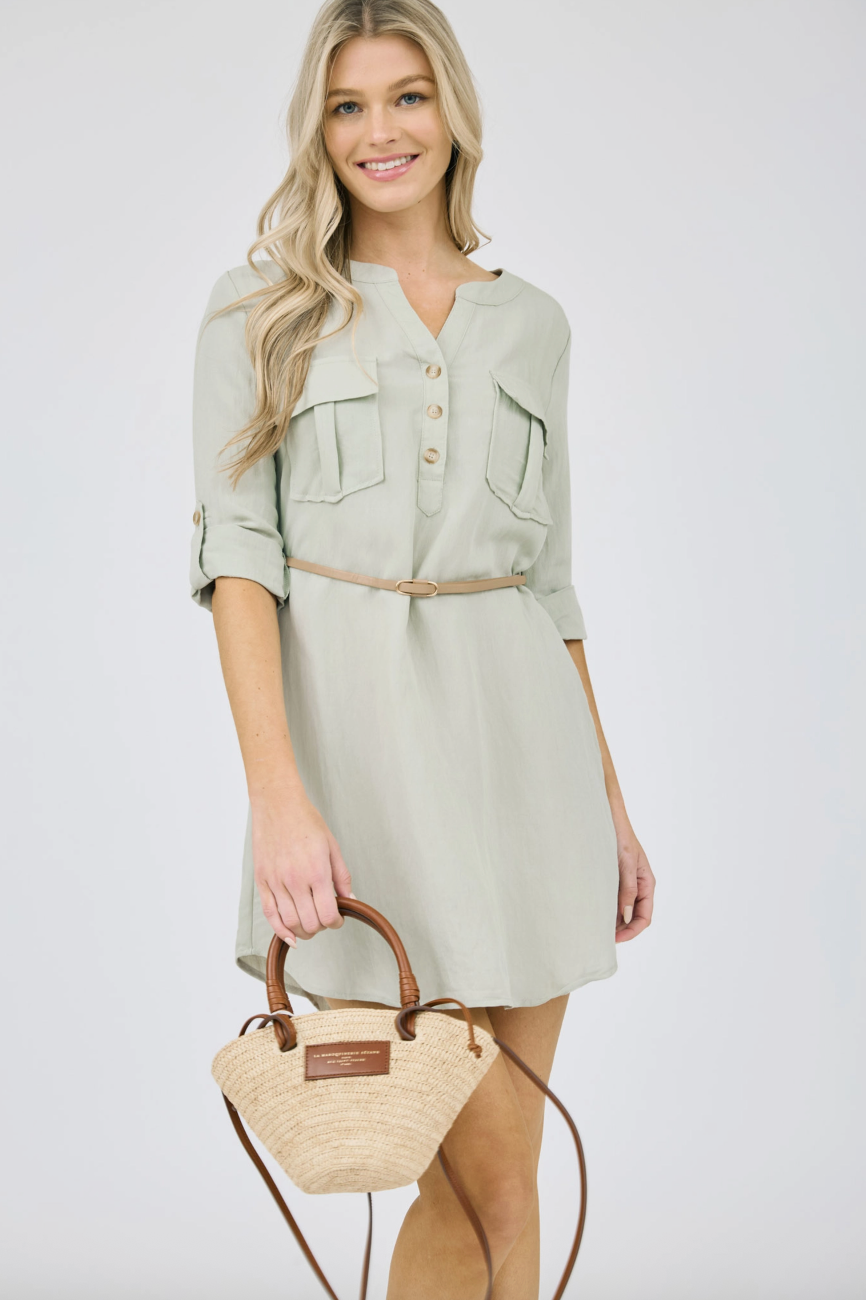 Antonia 3/4 Sleeve Belted Mini Dress - Sage