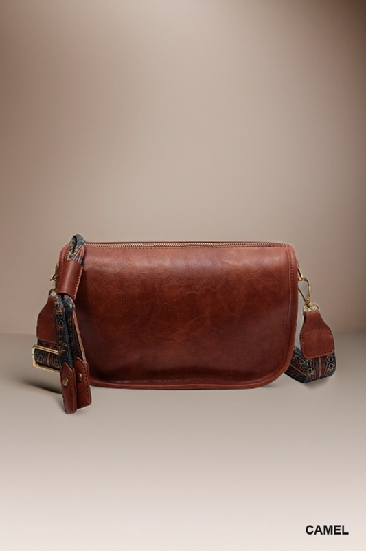 Shaylee Pattern Strap Zipper Shoulder Bag - Camel