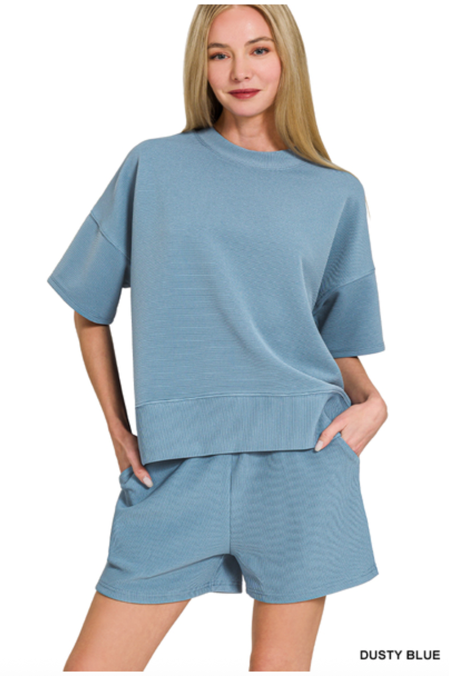 Tasha Ribbed Tee & Shorts Set - Dusty Blue