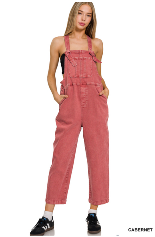Trista Knot Strap Washed Overalls - Cabernet