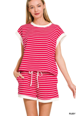 Bailey Stripe Contrast Trim Rib Banded Top - Ruby