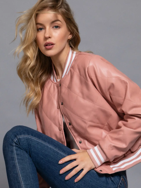 Megan Quilted Vegan Leather Bomber Jacket - Pink