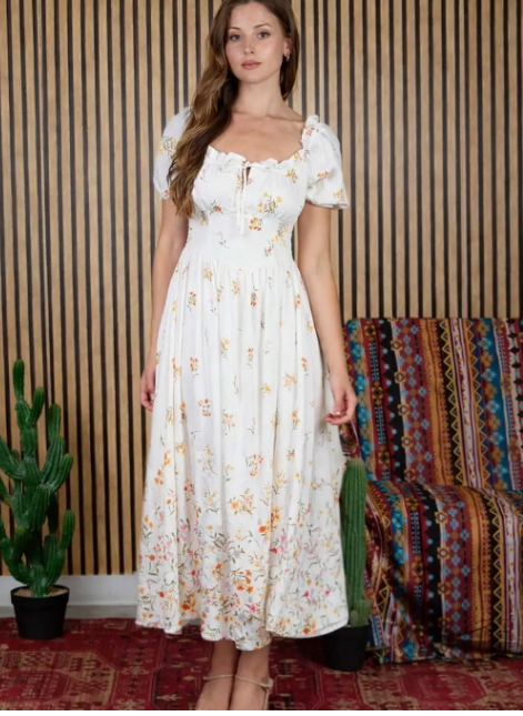 Jasmine Falling Floral Puff Sleeve Corset Midi Dress