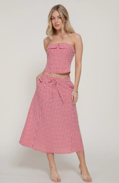 Megan Seersucker A-Line Midi Skirt - Red