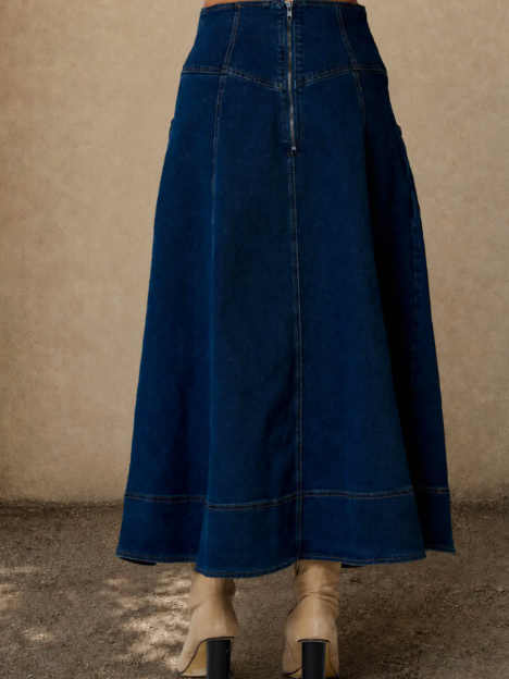 Lace-Up Corset Waist Denim Midi Skirt