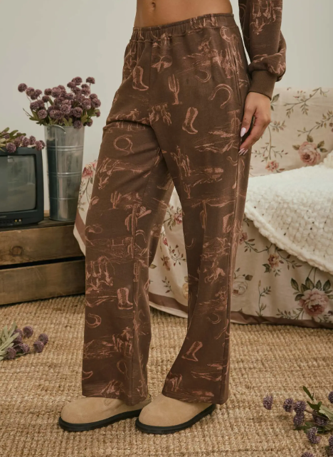 Western Print Elastic Waist Joggers - Brown