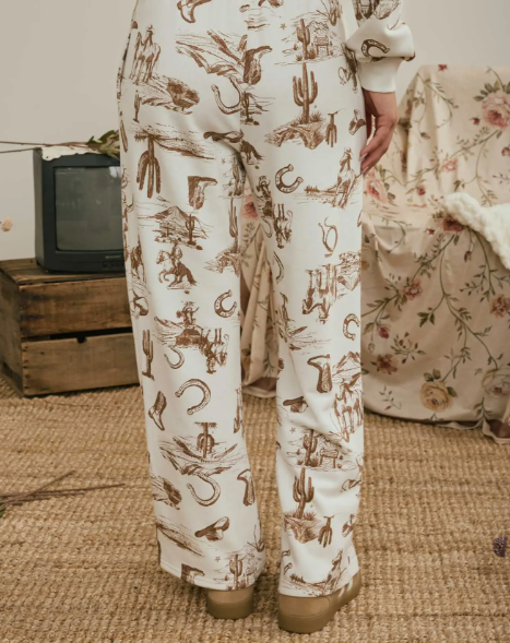 Western Print Elastic Waist Joggers - Cream