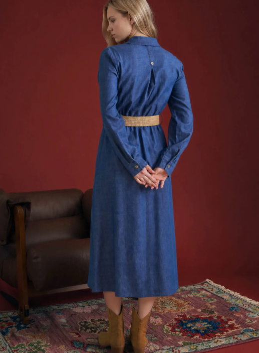 Tab Sleeve Button Down Belted Denim Dress