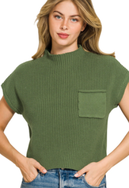 Short Sleeve Knit Sweater- Olive
