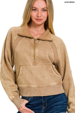 Acid Washed Half Zip Fleece Pullover Kangaroo Pocket