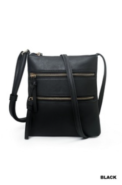 Vegan Leather Triple Zipper Crossbody Shoulder Bag - Black