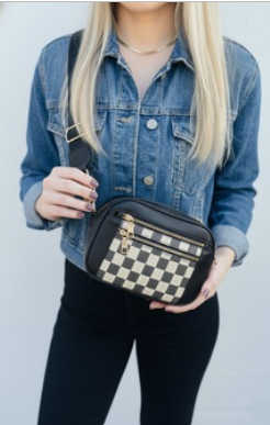 Checkered Crossbody Shoulder Bag - Black
