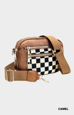 Checkered Crossbody Shoulder Bag - Camel