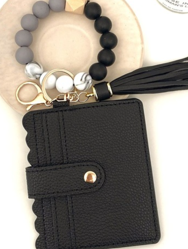 Beaded Bracelet Keychain Card Holder Wallet - Black