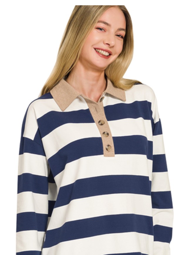 Striped Contrast Collar Polo Tee
