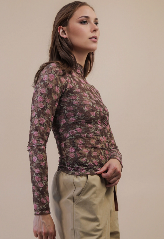 Angela Floral Lace Top- Chocolate