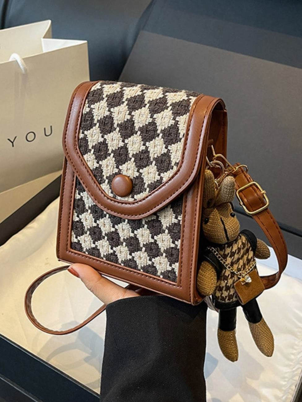 Regina Checkerboard Contrast Crossbody - Camel