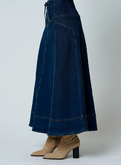 Lace-Up Corset Waist Denim Midi Skirt
