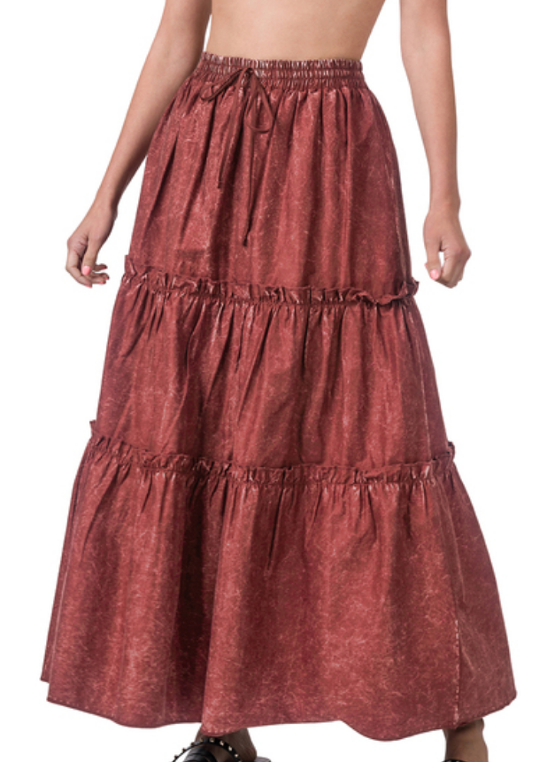 Pamela Acid Wash Tiered Skirt- Rust