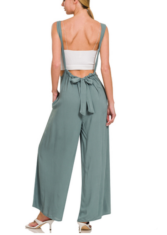 Monroe Suspender Tie Jumpsuit - Dusty Blue