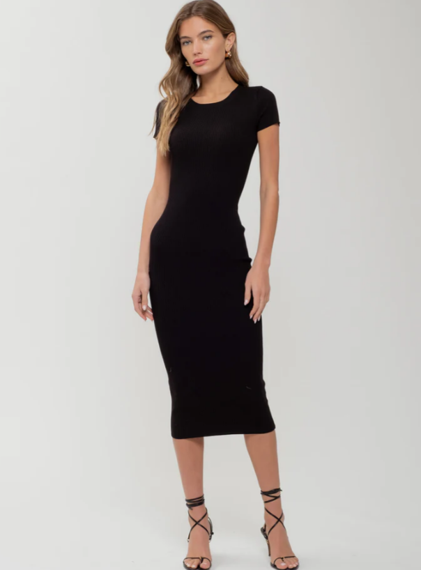Delayni Ribbed Short Sleeve Midi Dress - Black
