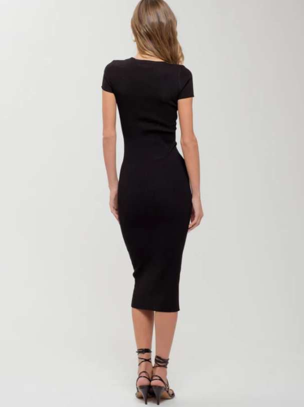 Delayni Ribbed Short Sleeve Midi Dress - Black