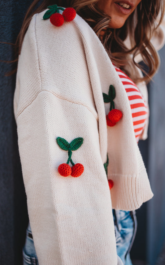 Irene Crochet Cherry Detail Knit Cardi