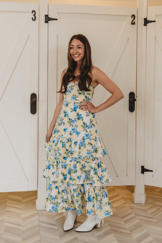 Gwyn Floral Ruffle Tiered Hem Midi Dress