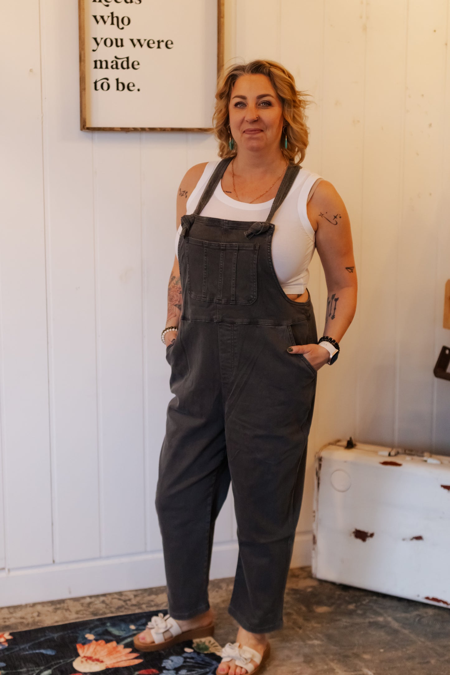 Trista Knot Strap Washed Overalls - Ash Black